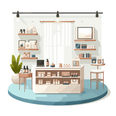 Minimalist retail store interior with shelves and counter in pastel cartoon style. Great for boutique shop design, small business setup or retail space planning illustrations.