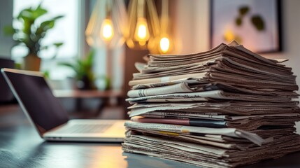 Newspapers Stacked on a Table with Laptop in Blurred Background