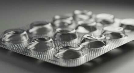 Close-up of a nearly full blister pack of transparent pills, showcasing the individual compartments and their slightly domed shape
