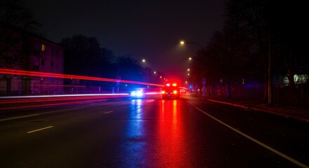 Night scene of a car with red and blue flashing lights speeding down a wet street, streaks of light