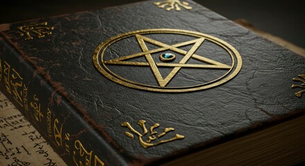 Ancient, leather-bound book with ornate, gold pentagram and central gemstone.  Mysterious symbols adorn the cover