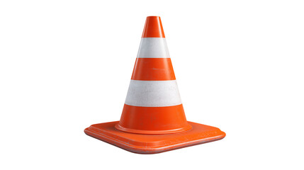Orange and white traffic cone with reflective stripes isolated on transparent background