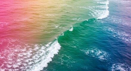 A vibrant, multicolored ocean scene. Waves crash, creating white foam. Hues of pink, green, blue, and teal blend