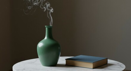 Verdant vase on a marble table, with smoke and a book