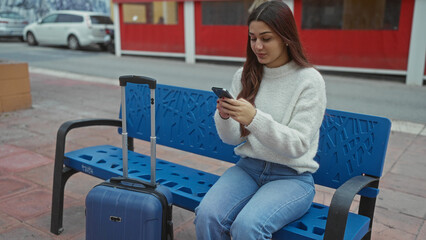 Woman sitting on a street bench using a smartphone with a blue suitcase nearby, capturing an urban...