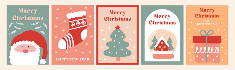 Festive Christmas and New Year greeting card collection with Santa Claus, stocking, tree, snow globe.
