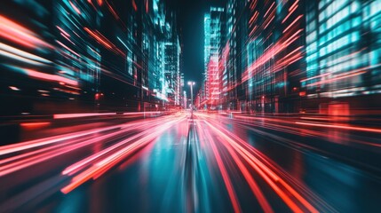 Fototapeta premium Night city street scene with motion blur of vehicle lights.