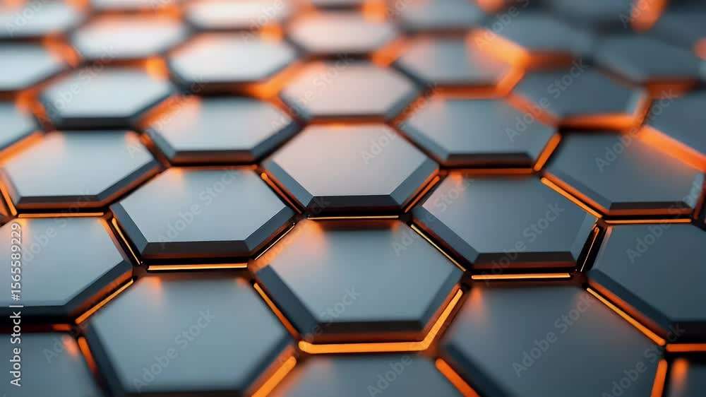 Poster abstract honeycomb texture with metallic gray hexagonal cells and vibrant orange glow creating a fut