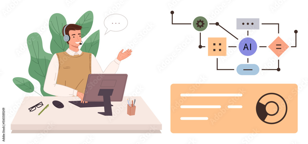 Poster male customer support representative with headset at desk interacts with ai-powered workflow diagram