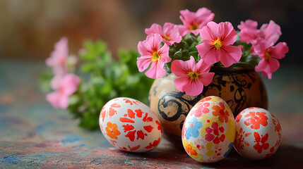 Behind the eggs, a vibrant cluster of pink geranium flowers with green leaves is arranged in a green, textured pot. The background is a softly blurred dark blue or grey, which helps the colorful 