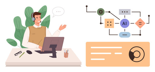 Male customer support representative with headset at desk interacts with AI-powered workflow diagram. Ideal for customer service, AI integration, technology, problem-solving, automation, workflow