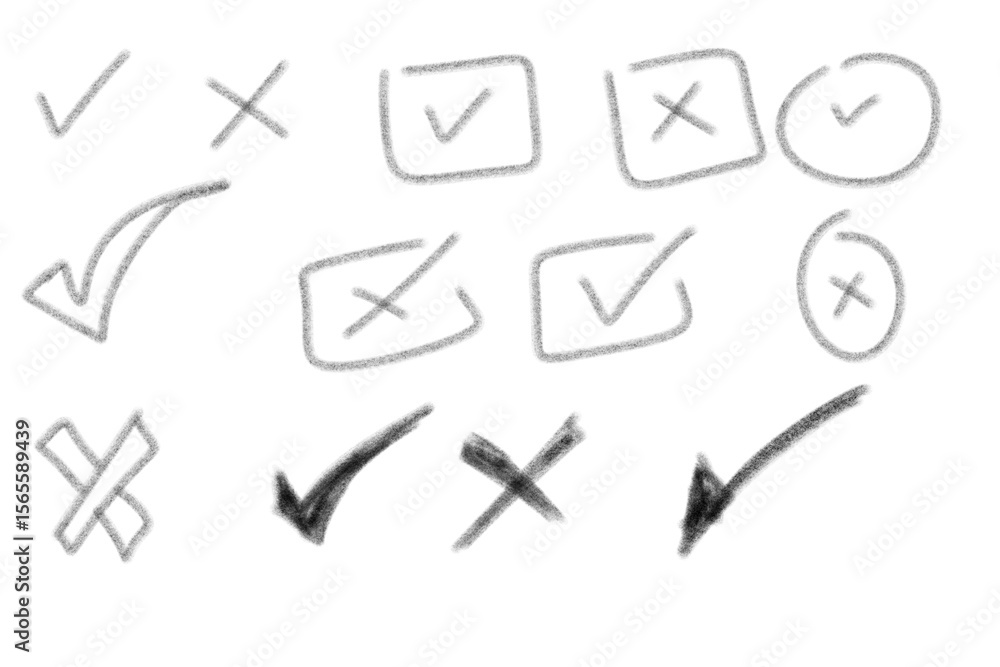 Poster hand drawn check marks and crosses isolated on transparent background