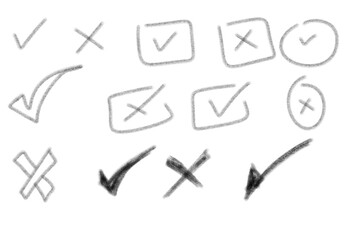 Hand drawn check marks and crosses isolated on transparent background