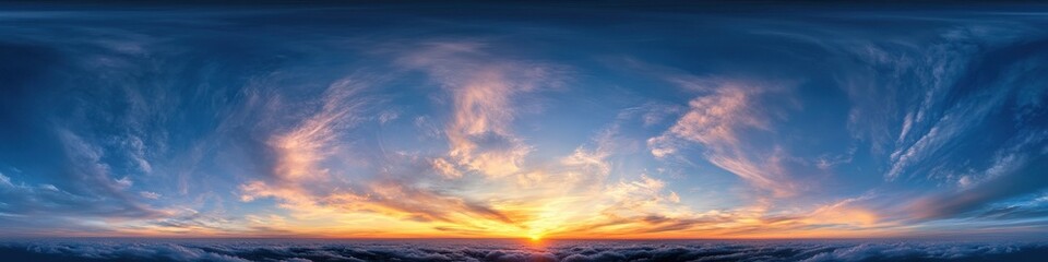 Obraz premium Twilight Horizon: Dark Blue Sunset Sky Panorama with Cirrus Clouds for 360-Degree Visualization