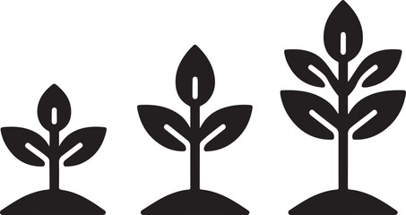Growing Plant Icons – From Small Seedlings to Fully Grown Tree in Silhouette Style