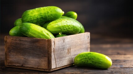Fresh cucumbers stacked in a rustic wooden crate, showcasing their vibrant green color and natural sheen, perfect for food-related content, health blogs, or farm-to-table concepts,
