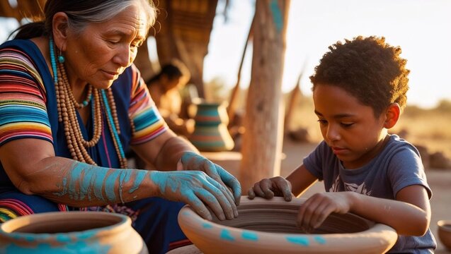Indigenous Grandmother Teaches Traditional Coil Pottery to Biracial Boy and Girl