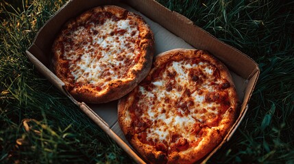 Two pizzas are in a box on the grass. This is a picnic idea. We're looking at it from above, and there's space for text. It's takeout food: fast food, Italian pizza outside.