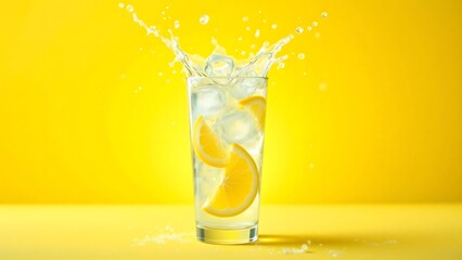 Refreshing Lemonade Splash in a Tall Glass with Ice and Citrus Slices on a Bright Yellow Background