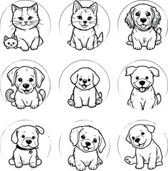 Obraz premium Whimsical Animal Portraits — Silhouette Grid Featuring Cats and Dogs in Circular Frames with Expressive Front-Facing Compositions