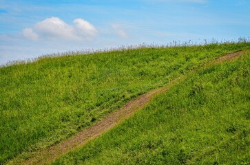 A grassy hill with a dirt path leading down it. The sky is clear and blue