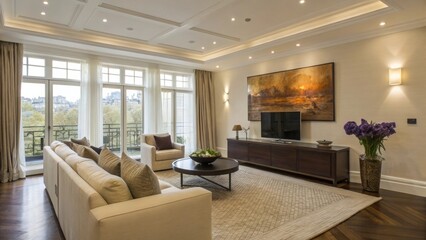 Modern living room with beige sectional sofa. Elegant herringbone flooring and neutral tones. Spacious layout with recessed lighting and floral accents.