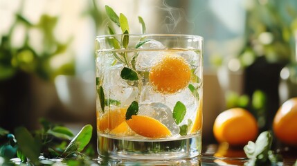 A refreshing drink made with kumquats and herbs in a glass during festive season