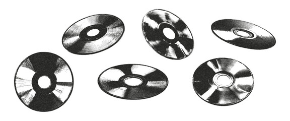  Halftone monochrome stipple elements compact discs set. Retro photocopy vector illustration on transparent background.