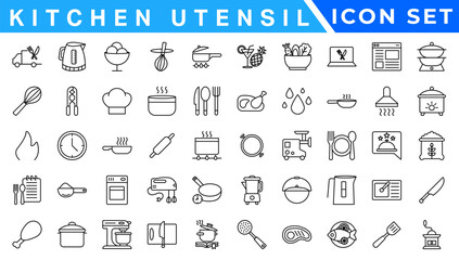 Kitchen Utensil icon set. Editable Stroke Icon Collection. Includes chopping board, cooking pots, frying pan, grater, kitchen scale, and More. Outline icons vector collection.