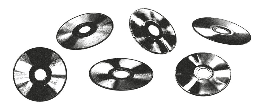 Halftone monochrome stipple elements compact discs set. Retro photocopy vector illustration on transparent background.