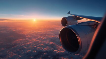 Wide shot of a plane's engine and wing at sunset, seen from inside.