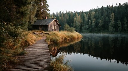 Wooden cabin by a lake in Finland. It's in a forest and has a path leading to it.