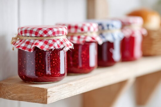 Jars of homemade raspberry jam with checkered lids arranged on a wooden shelf, showcasing vibrant colors and rustic charm in a cozy kitchen setting