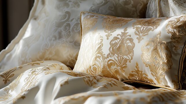Luxurious cream colored bedding with gold damask pattern.