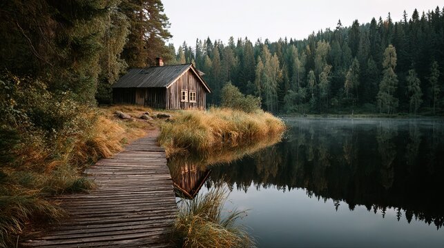 Wooden cabin by a lake in Finland. It's in a forest and has a path leading to it.