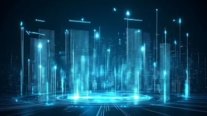 Futuristic cityscape, abstract representation of data and technology,  with glowing, translucent  buildings and light trails - Powered by Adobe