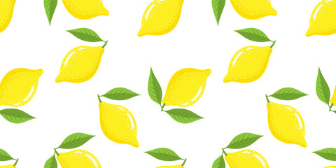 Colorful seamless pattern with lemons on a white background. Lemon background. Vector illustration.