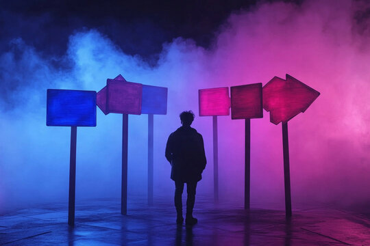 Person stands at crossroads with glowing signs in vibrant mist - Powered by Adobe