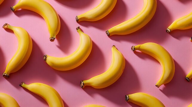 Yellow bananas in a fun pattern on a pink background, seen from above.
