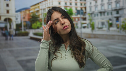 Fototapeta premium Young woman standing in a vibrant urban street setting, showcasing thoughtful expression surrounded by textured architecture and soft natural light.
