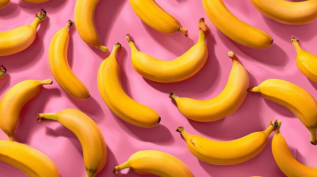 Yellow bananas in a fun pattern on a pink background, seen from above.