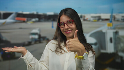 Woman at airport terminal giving thumbs up and pointing, wearing glasses, showcasing a positive...