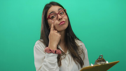 Young hispanic woman wearing red glasses and holding clipboard points finger to eye in studio...