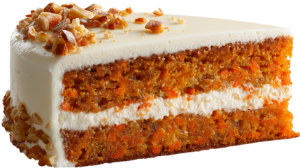 Baked Carrot Cake Slice with Cream Cheese Frosting isolated on a transparent background