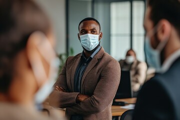 Diverse Business Professionals Wearing Face Masks Engaging in a Meeting in a Modern Office Environment
