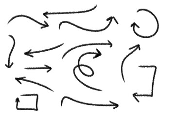 Handdrawn black arrows of various shapes and directions are isolated on transparent background