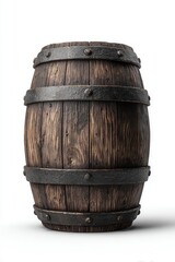 Obraz premium A rustic wooden barrel with metal bands, ideal for use in designs related to vintage themes, beverages, or historical contexts, It can enhance any project requiring an old-world charm,