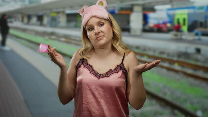 Young woman in pink nightwear and sleep mask holding a menstrual cup at a train station, expressing...