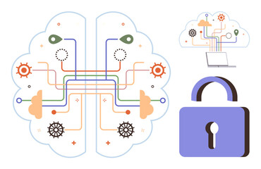 Brain illustration with circuits, gears, and cloud connections alongside a padlock symbol. Ideal for cybersecurity, AI, innovation, network systems, data protection, cloud storage and a simple
