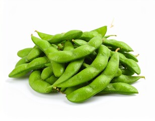 A heap of fresh green edamame pods, slightly fuzzy and plump on a white background